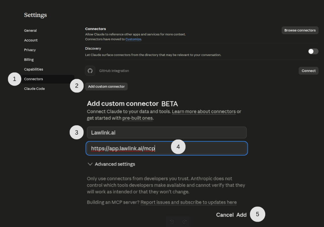 Add custom connector form with Name and URL fields filled in