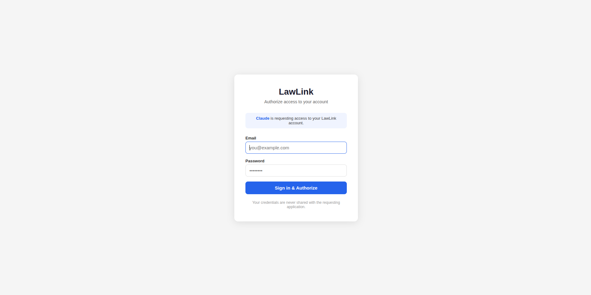 LawLink OAuth consent screen — Sign in and Authorize