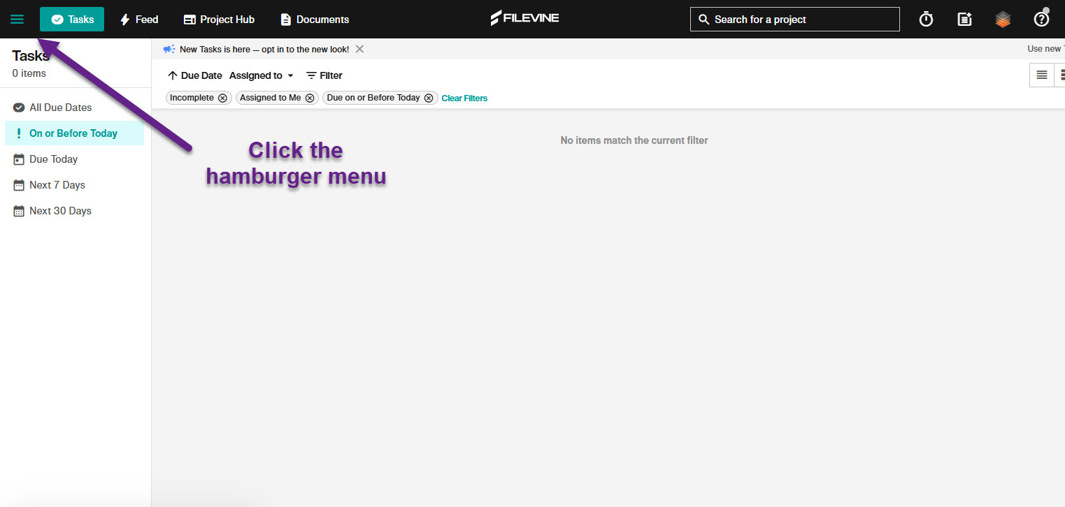 Filevine dashboard with the top-left hamburger menu highlighted