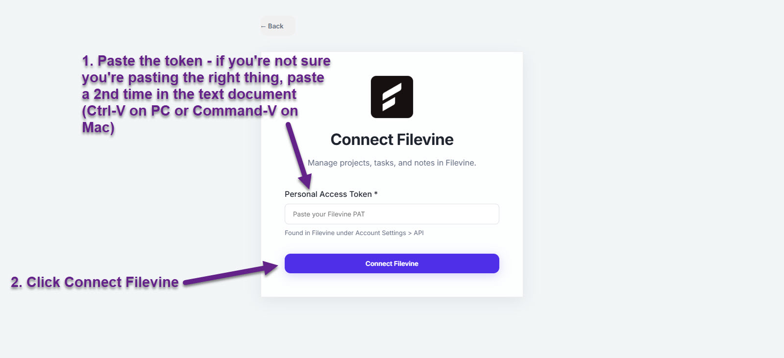 LawLink Connect Filevine dialog with the Personal Access Token field