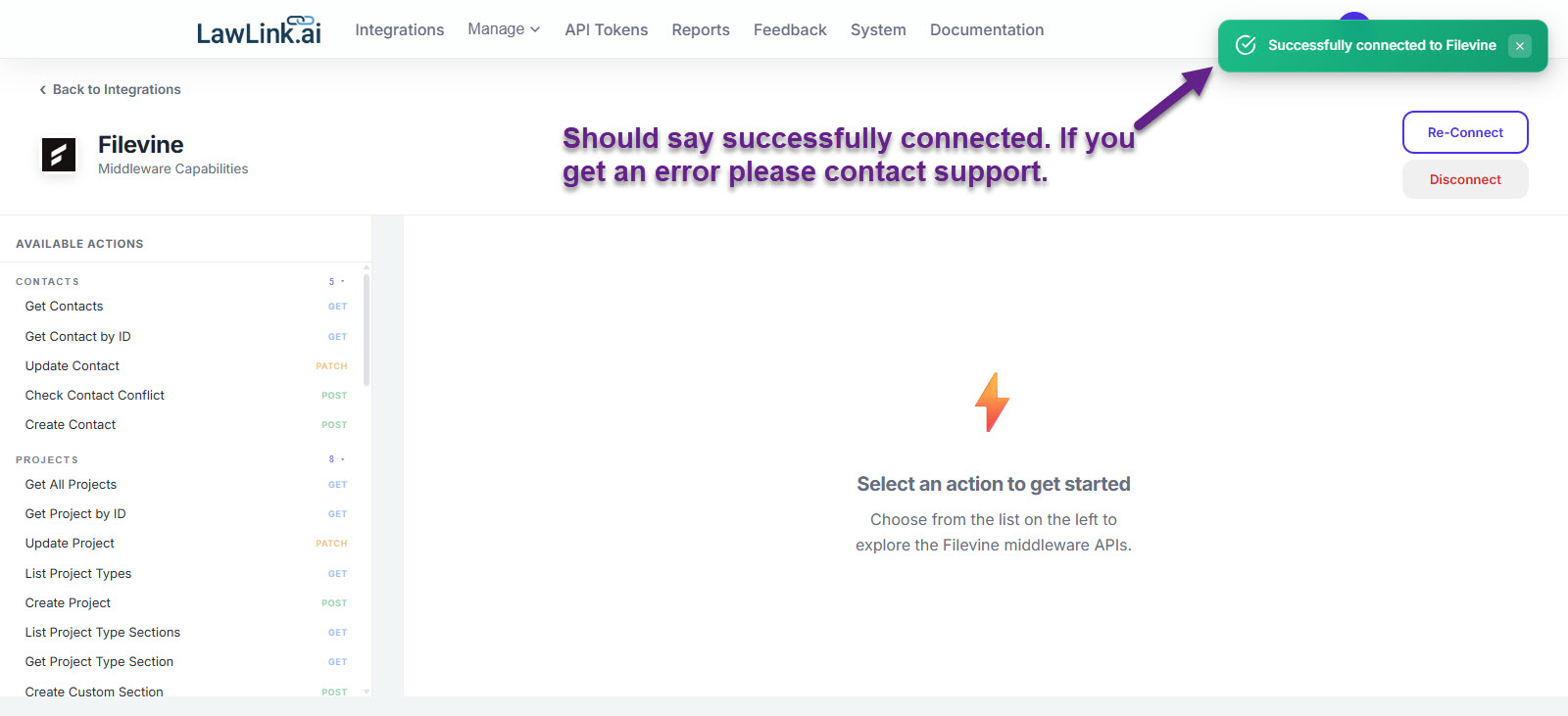 LawLink showing a Successfully connected to Filevine confirmation