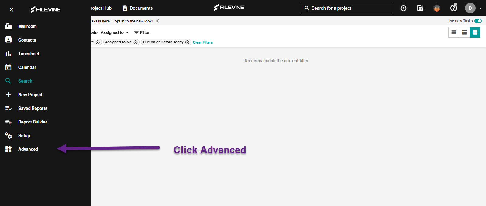 Expanded Filevine menu with the Advanced option highlighted