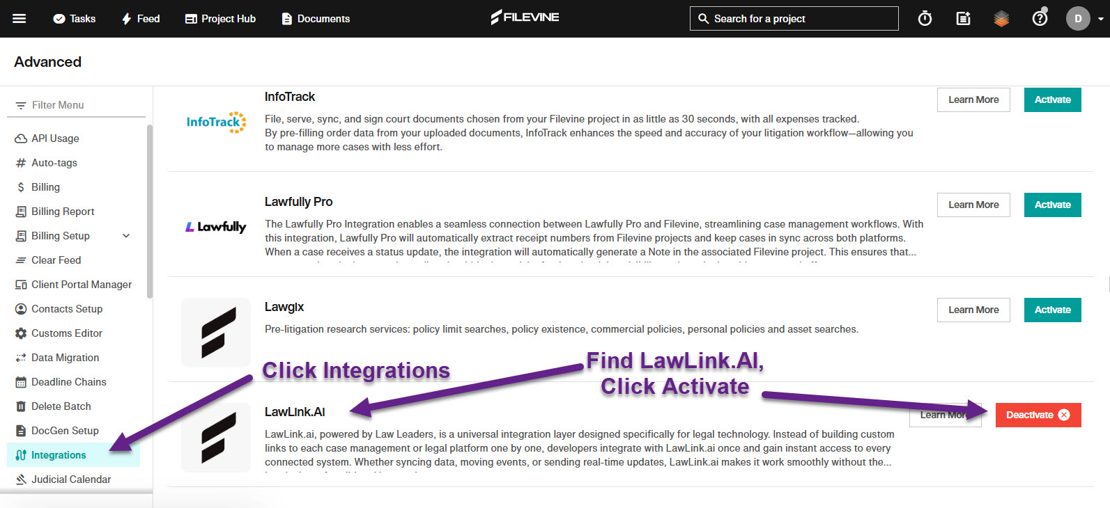 Filevine Advanced page showing Integrations and the LawLink.AI Activate button