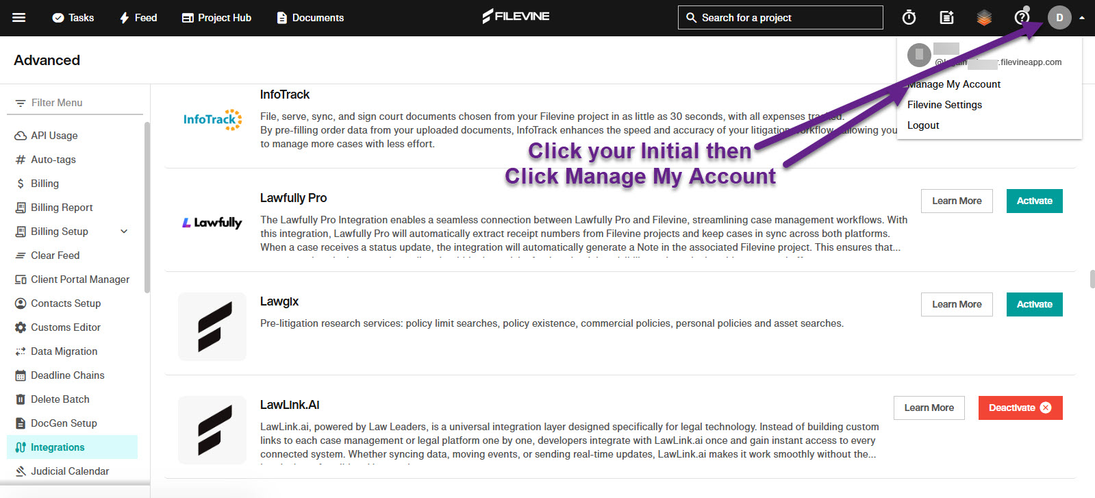 Filevine initials dropdown with Manage My Account highlighted