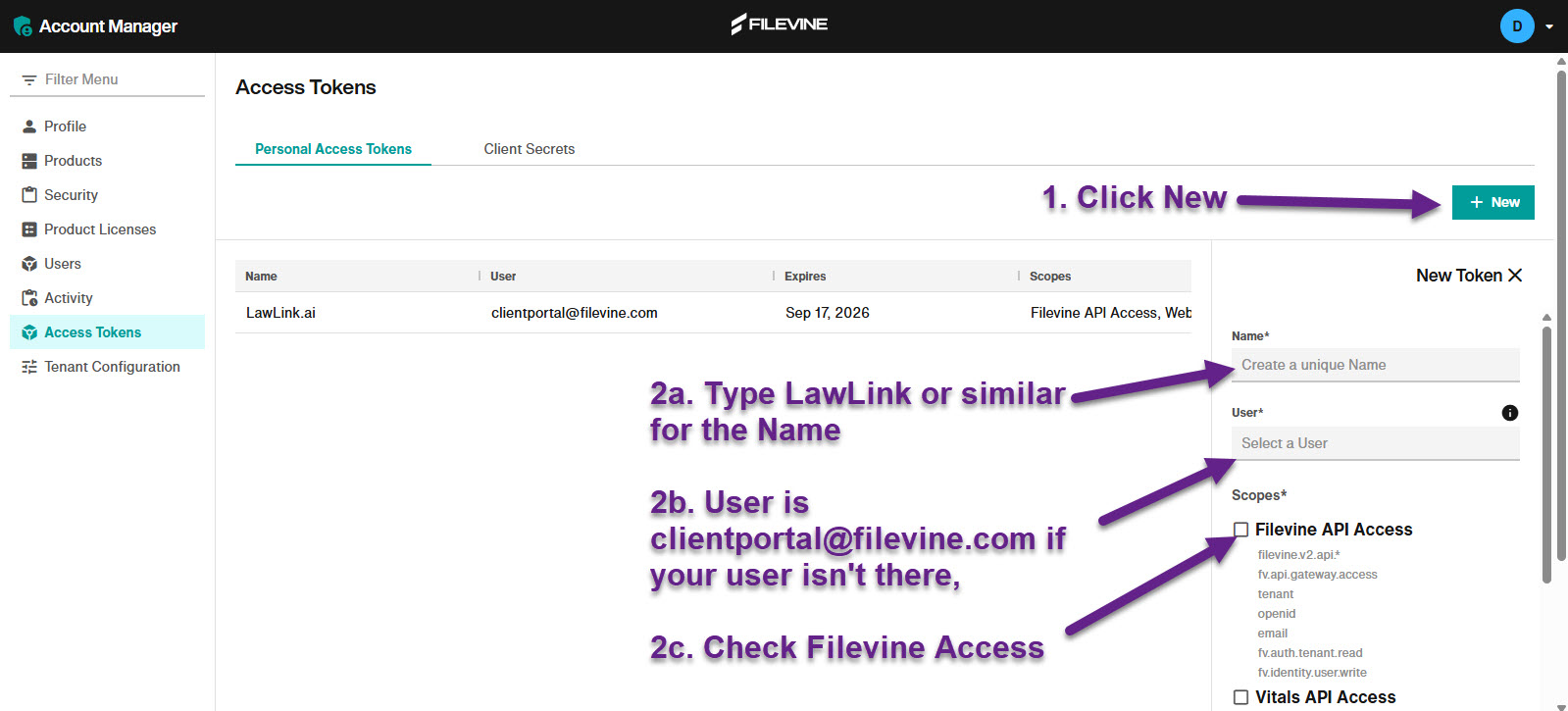 Filevine New Token panel showing Name, User, and Filevine API Access scope