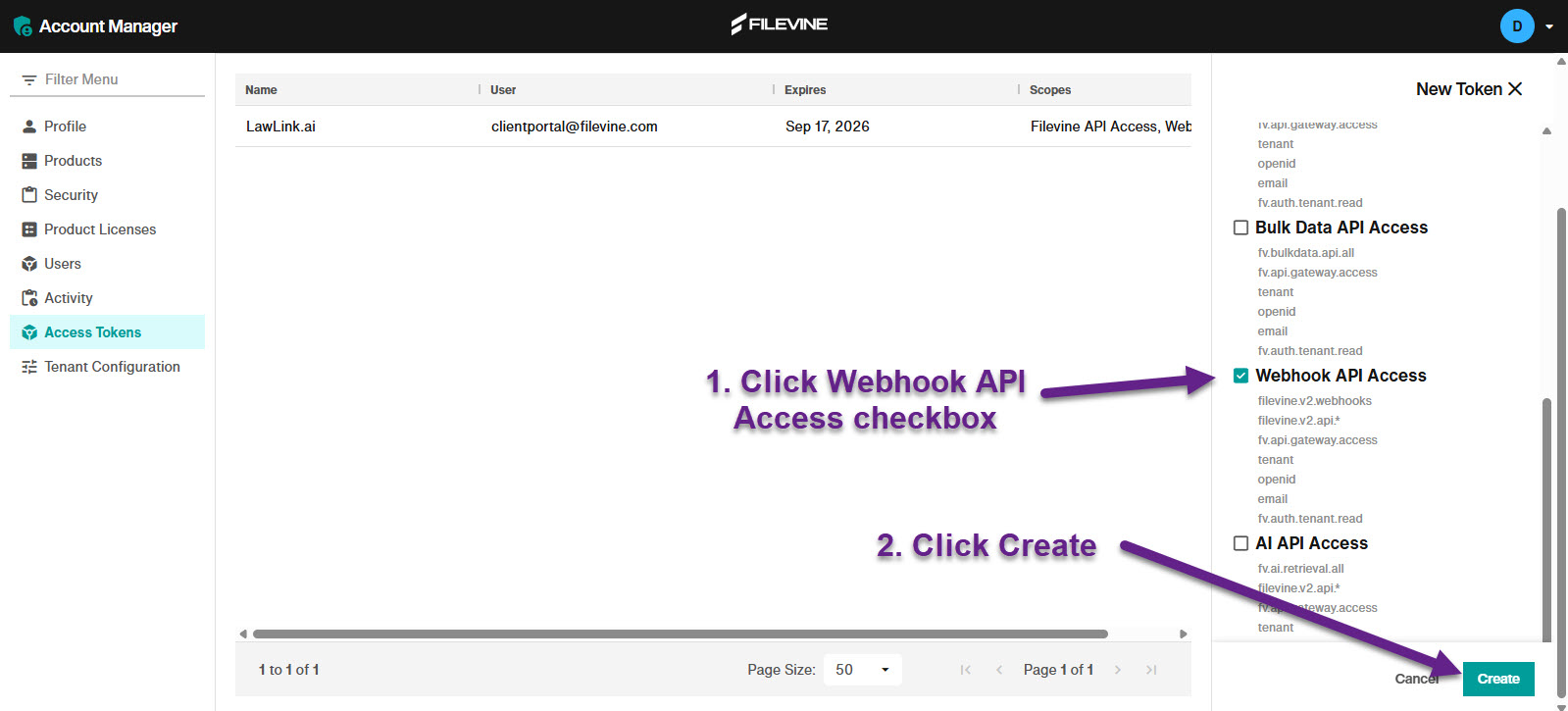 Filevine New Token panel with Webhook API Access checked and the Create button