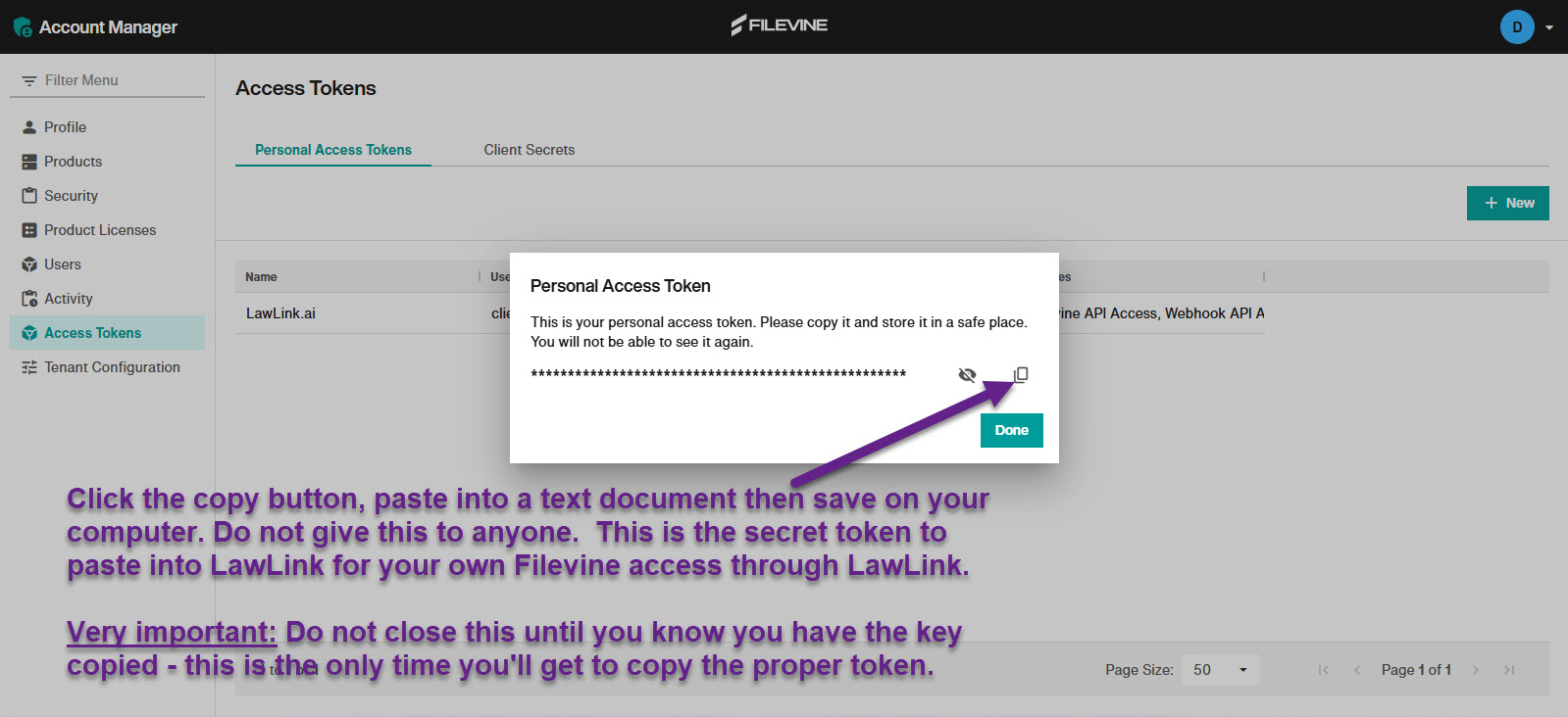 Filevine Personal Access Token dialog with the copy button highlighted