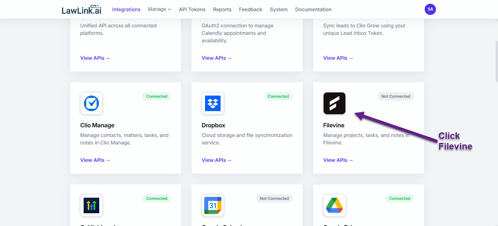 LawLink Integrations page with the Filevine card highlighted