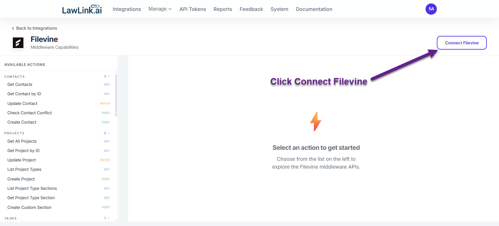 LawLink Filevine page with the Connect Filevine button highlighted