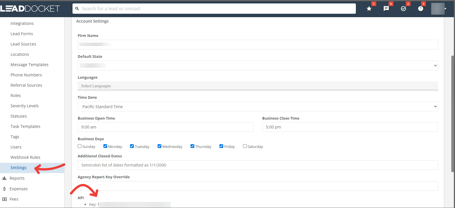 Lead Docket Settings page — Manage > Settings, then Account Settings > API > Key