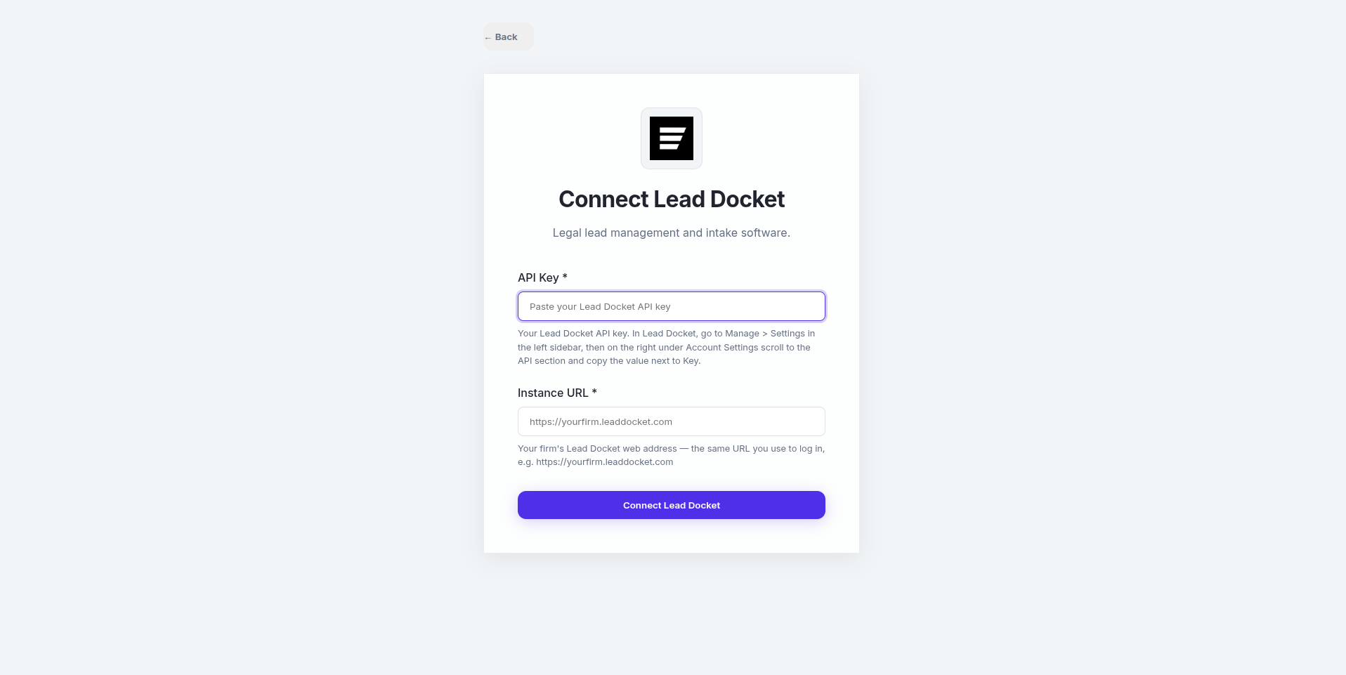 LawLink Connect Lead Docket screen — paste the API Key and enter the Instance URL